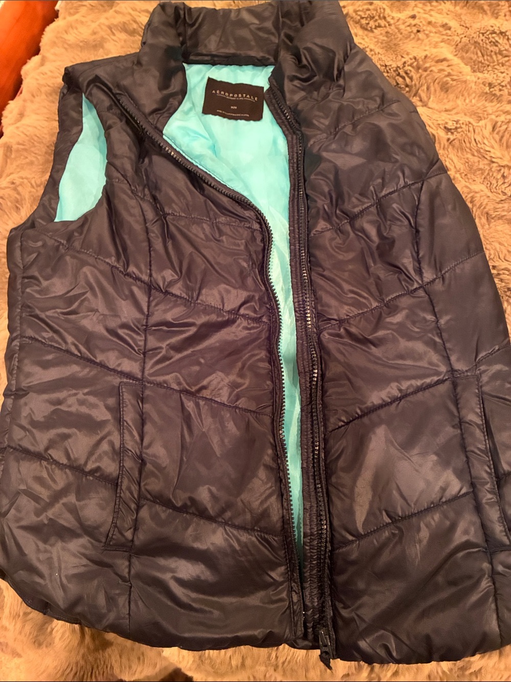 Aeropostale Black Quilted Vest with Aqua Lining